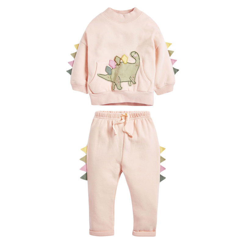 Baby Girl Dinosaur Embroidered Pattern 3D Horn Patched Design Hoodie Combo Trousers Sets My Kids-USA