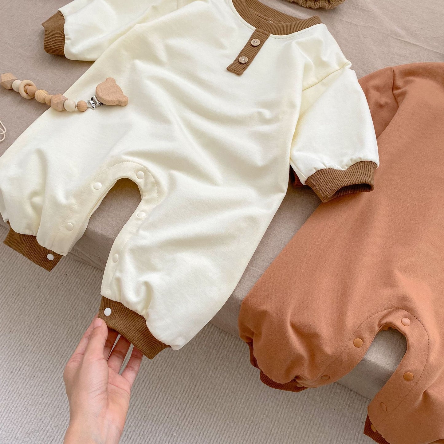 Baby Solid Color Patchwork Design Long Sleeve Jumpsuits