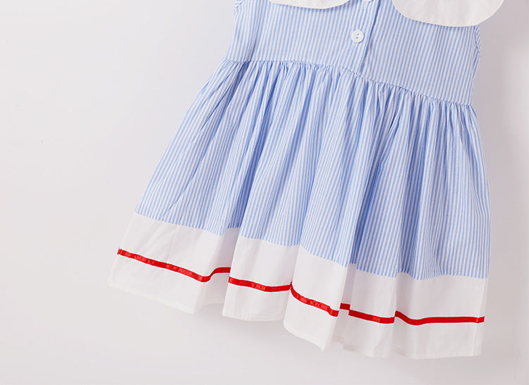 Baby Girl Cherry Embroidery Pattern Color Blocking Lapel Design Sleeveless Dress