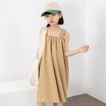 Girls Solid Color Sleeveless Loose Korean Style Dress