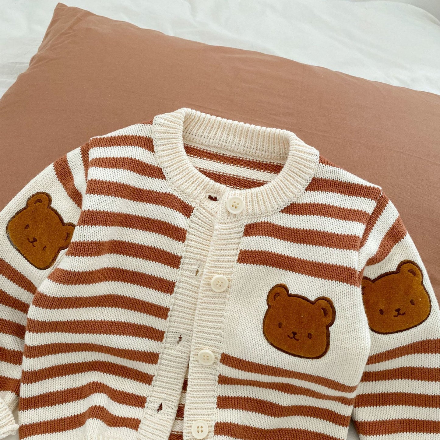 Baby Striped Pattern Cartoon Bear Patched Design Onesies With Cardigan