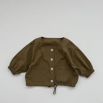Chaqueta de abrigo estilo vintage de algodón arrugado Mori de color liso para bebé 
