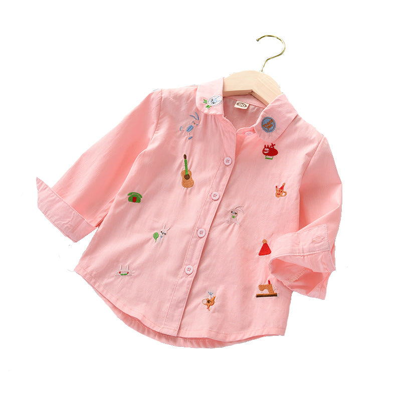Baby Girl Embroidered Graphic Single Breasted Korean Style Long Sleeves Lapel Shirt My Kids-USA