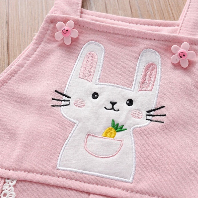 Baby Girl Cute Bunny Embroidery Pattern Doll Neck Shirt & Cotton Overall Sets My Kids-USA