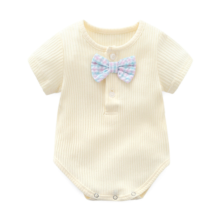 Baby Boy And Girl Solid Color Bow Tie Design Short Sleeve Buttoned Onesies, MyKids-USA®, Baby One-Pieces, MyKids-USA - Size/Age - 59 (0-3M) - Color - White -  -  - JM2204141617-E