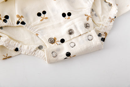 Baby Girls Cherry Print Doll Collar Design Neck Buttoned Puff-Sleeved Dress Onesies