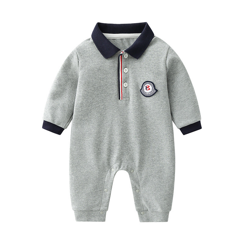 Baby Boy Logo Patched Pattern Quarter Button Design Lapel College Style Romper My Kids-USA
