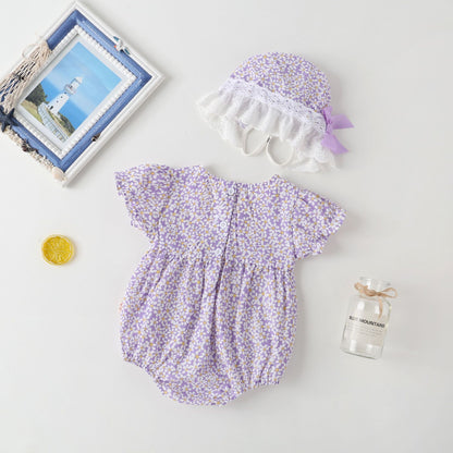 Baby Girl Floral Pattern Lace Patchwork Round Collar Short-Sleeved Colorful Cotton Onesies With Hat My Kids-USA