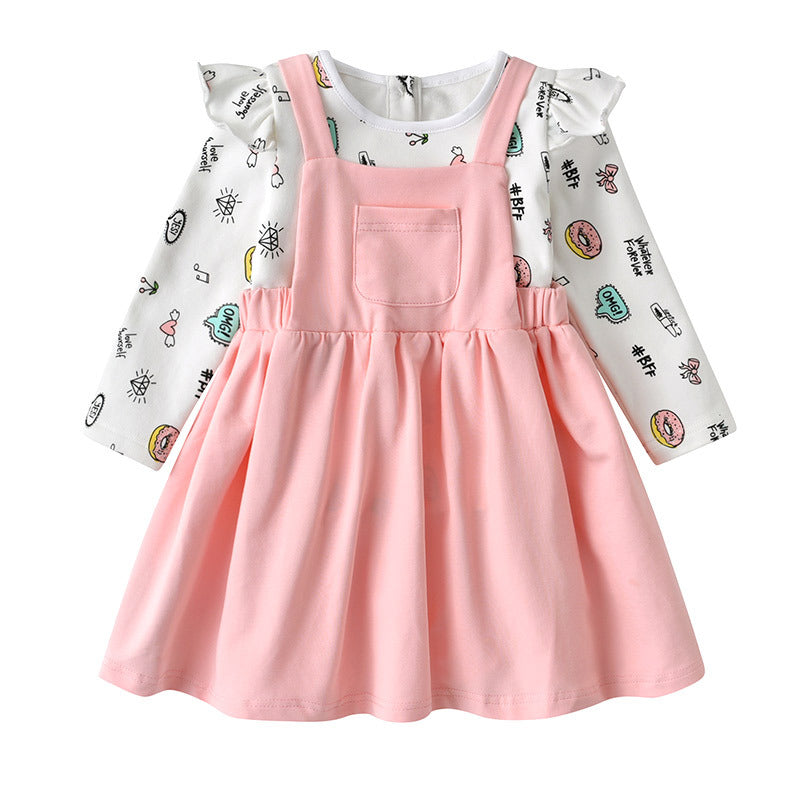 Baby Girl Cartoon Pattern Long Sleeve Tops Combo Solid Strap Dress Sets My Kids-USA