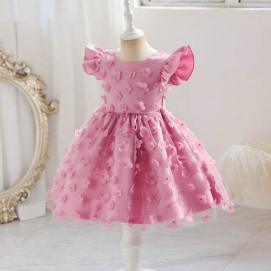 Baby Flower Patched Design Mesh Patchwork Butterfly Sleeve Dress