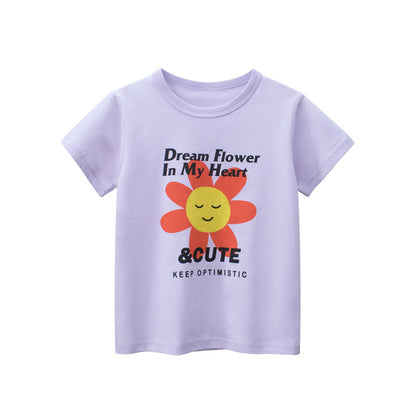 Baby Girl Floral Print Short-Sleeved Round Collar T-Shirt In Summer