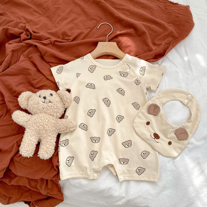 Baby Bear Pattern Removable Drooling Towel Summer Romper