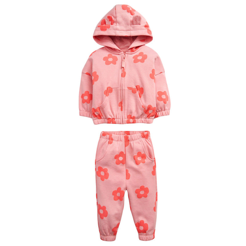 Baby Girl All Over Flower Graphic Zipper Hoodie Coat & Trouses 2 Pieces Sets My Kids-USA