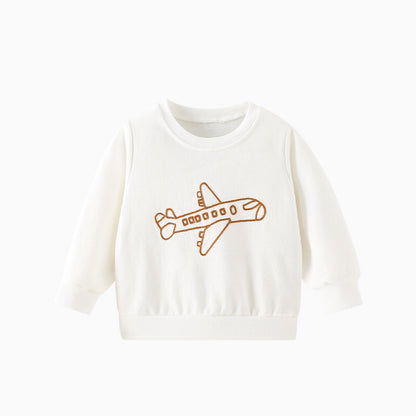 Baby Plane Embroidered Pattern Solid Color Long Sleeve Quality Hoodie