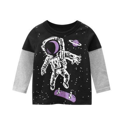 Baby Boy Astronaut Pattern Contrast Sleeved Design Long Sleeved Shirt