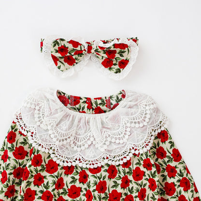 Baby Girl Flower Pattern Labeled Collar Design Long Sleeve Bodysuit My Kids-USA