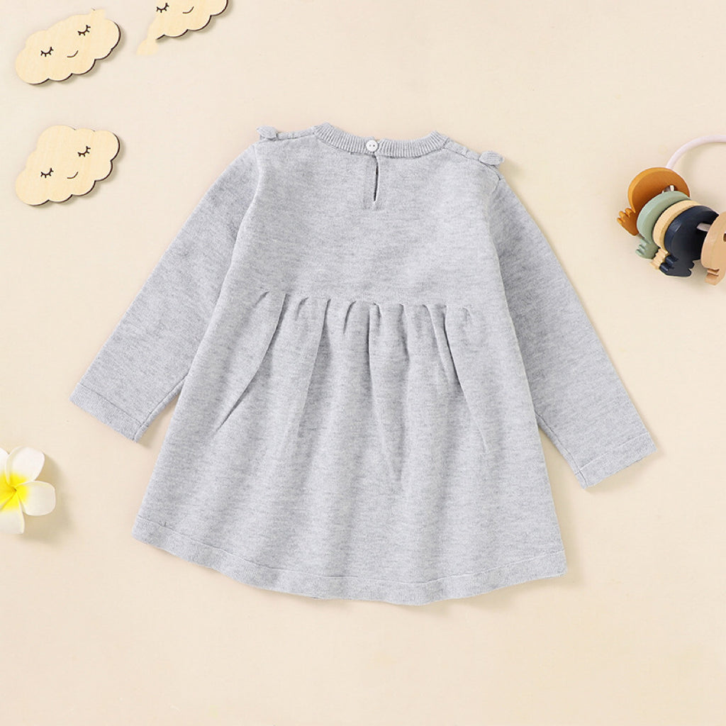 Baby Girl Flower Patched Pattern Solid Color Knitted Dress My Kids-USA
