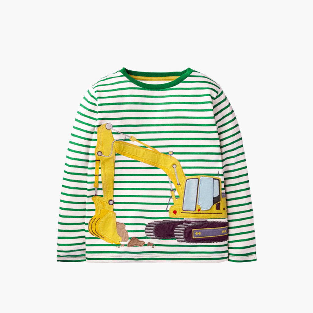 Baby Boy Striped Pattern Excavator Patched Design Long Sleeve Tops