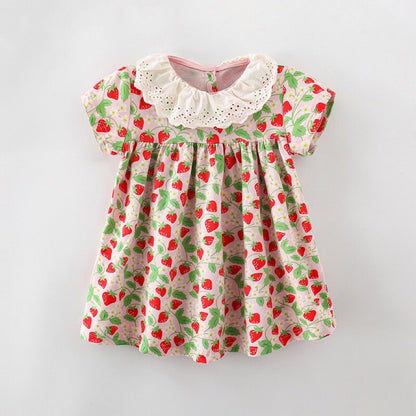 Baby Girl Allover Strawberries Graphic Ruffle Neck Princess Dress My Kids-USA
