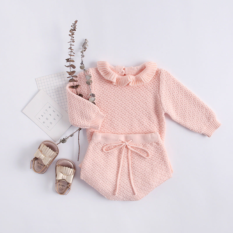Baby Girl 1pcs Ruffle Neck Solid Shirts And Belted Triangle Shorts Fall Winter Knit Sets My Kids-USA