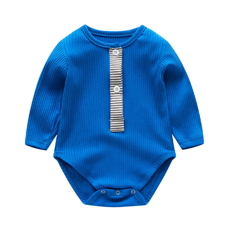 Baby Girl Striped Quarter Button Design Solid Color Long Sleeves Triangle Bodysuit My Kids-USA