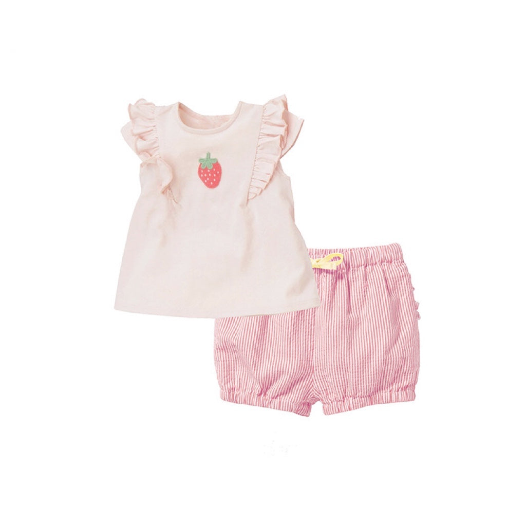 Baby Girl 1pcs Strawberry Embroidered Graphic Ruffle Tops Combo Striped Shorts Sets My Kids-USA