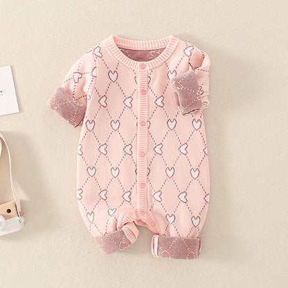 Mameluco de estilo dulce con diseño de un solo pecho y manga larga con patrón de corazón para bebé 