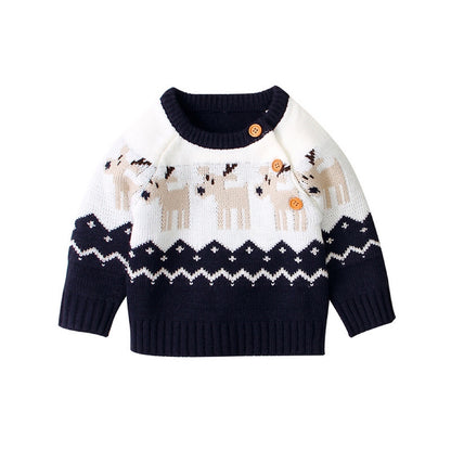 Baby Cartoon Christmas Deer Pattern Shoulder Button Design Knitted Pullover Sweater My Kids-USA