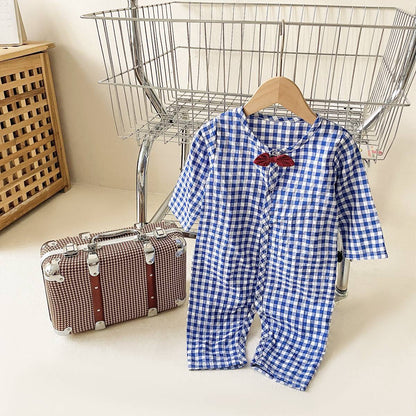 Baby Boy Plaid Pattern Bow Patched Design Cotton Jumpsuit My Kids-USA