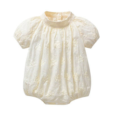Baby Girls Floral Embroidery Solid Color Round Collar Puff Sleeved Onesies In Summer My Kids-USA
