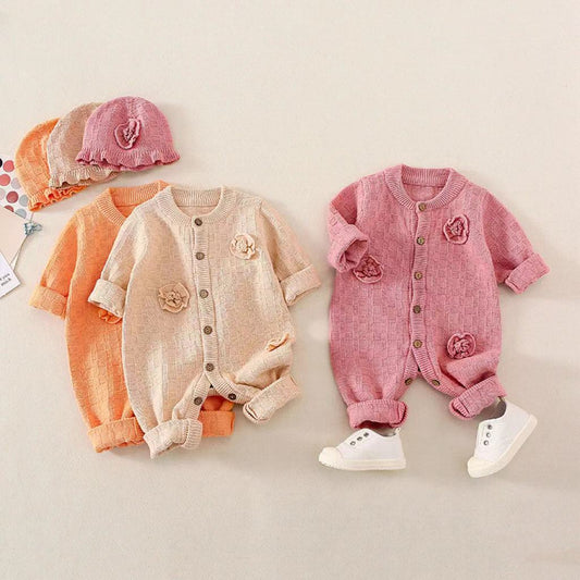 Baby Solid Color Flower Patched Design Thermal Romper