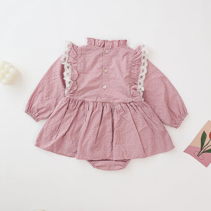 Baby Girl Solid Color Mesh Patchwork Design Long Sleeved Onesies Dress My Kids-USA