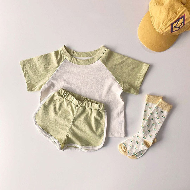 Baby Boys And Girls Color Patchwork Design Round Neck Short-Sleeved Top Combo Shorts Summer Cotton Sets My Kids-USA