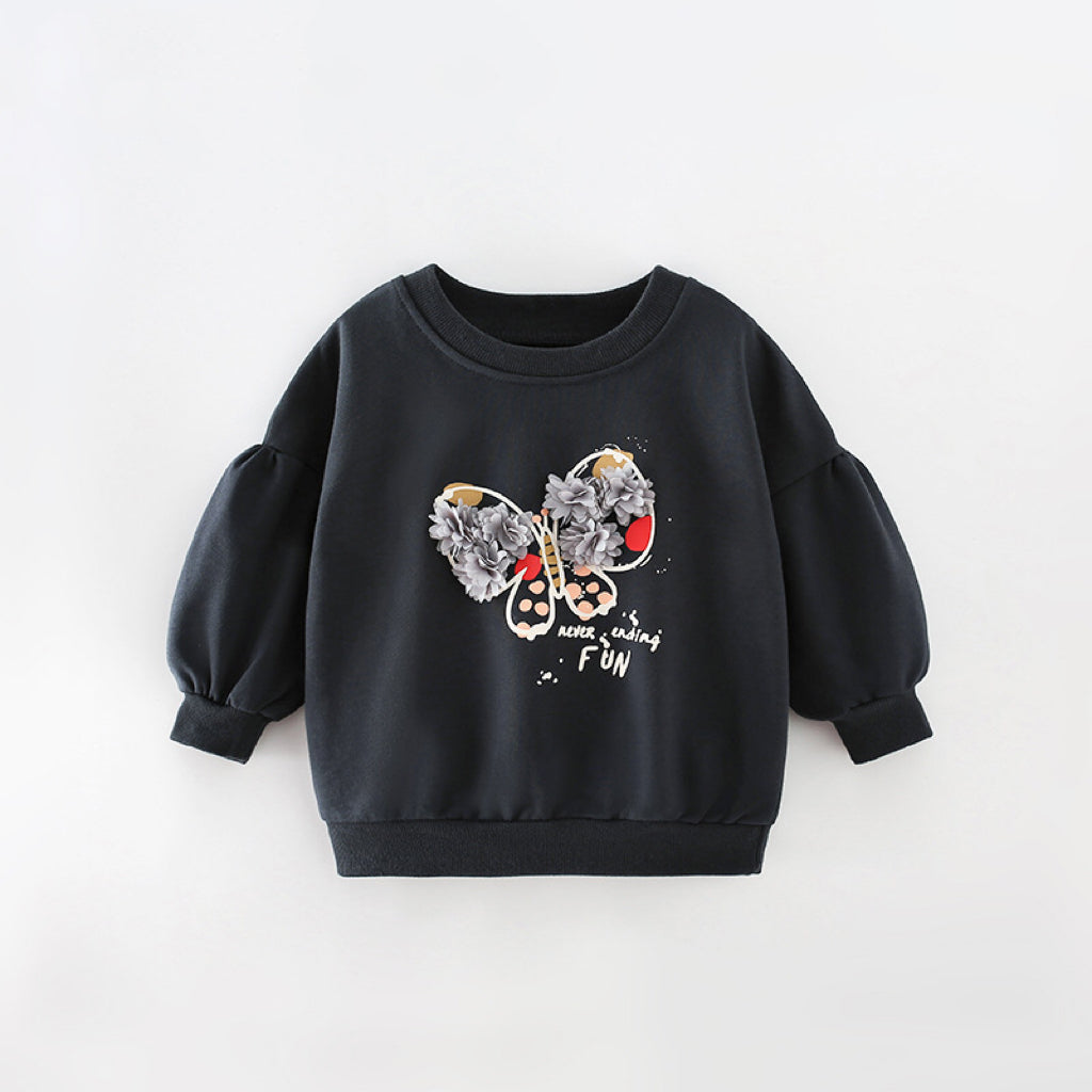 Baby Girl 3D Flower Patched Butterfly Graphic Puff Sleeve Hoodie