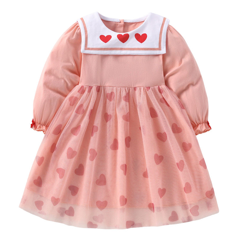 Baby Girl Heart Graphic Mesh Patchwork Design Puff Sleeve Dress My Kids-USA
