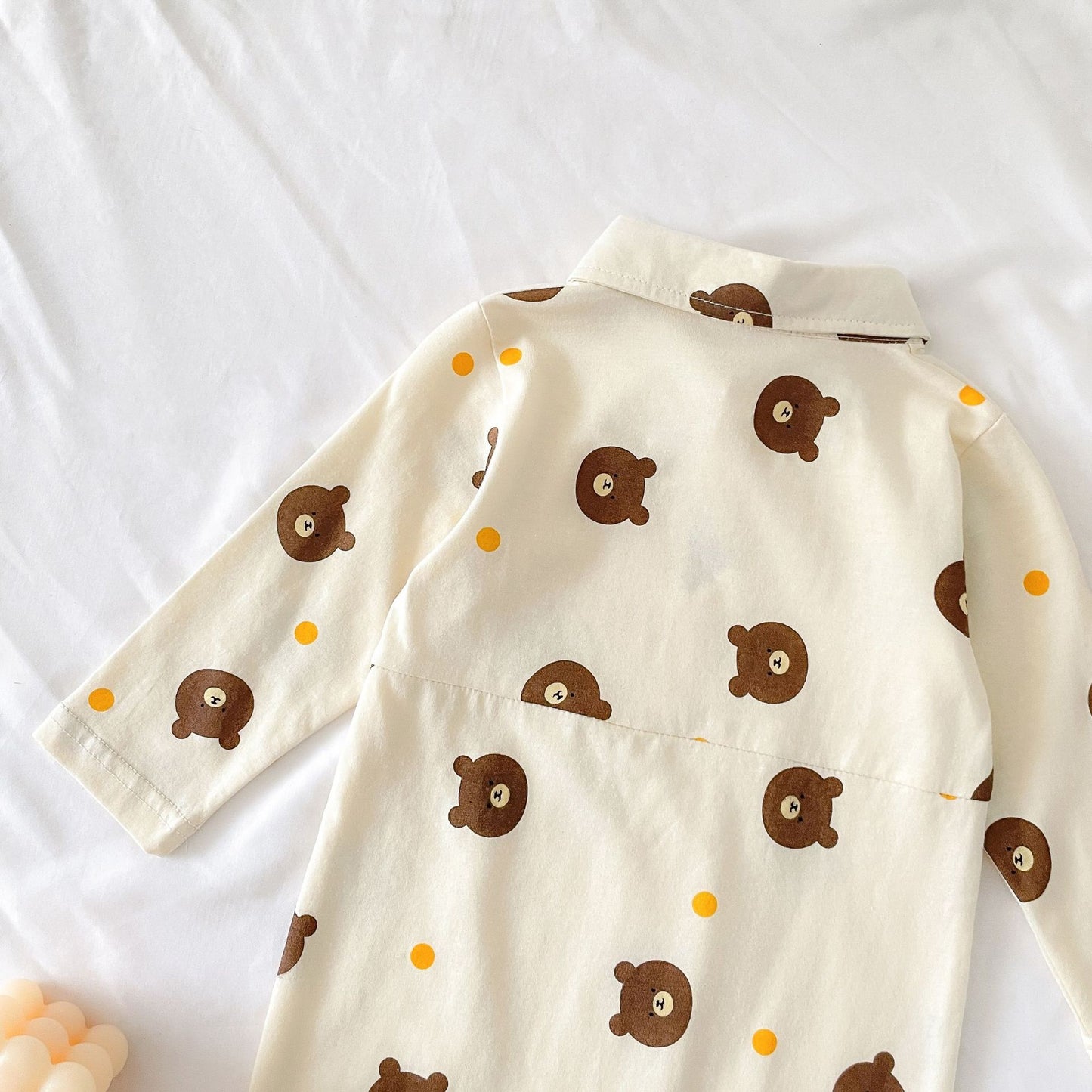Baby Boy Bear Pattern Long Sleeve Polo Collar Long Romper My Kids-USA