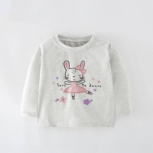 Camisa de algodón con cuello redondo y estampado de conejito de dibujos animados para bebé niña 