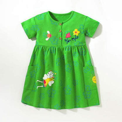 Baby Girl Floral Pattern Crewneck Short Sleeve Loose Dress
