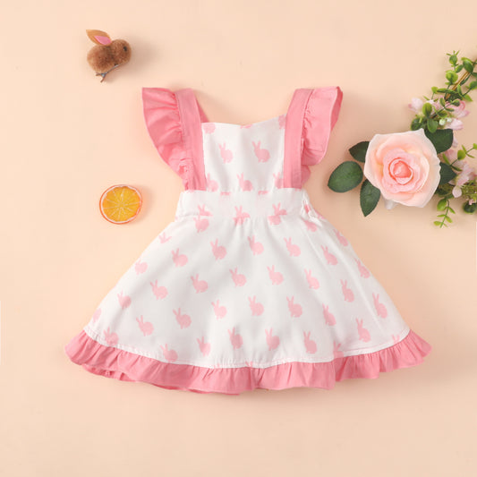 Baby Girl Rabbit Graphic Butterfly Sleeve Design Square Neck Ruffle Hem Dress My Kids-USA