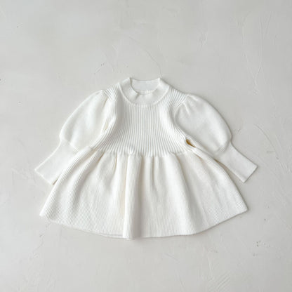 Baby Girl Solid Lantern-Sleeved Knitting Dress In Autumn