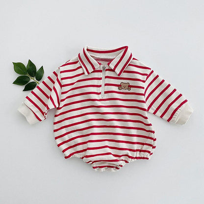 Baby Striped & Cartoon Patched Graphic Polo Neck Long Sleeves Bodysuit Onesies My Kids-USA