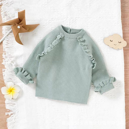 Baby Girl Solid Color Ruffle Design Long Sleeved Pullover Sweater My Kids-USA