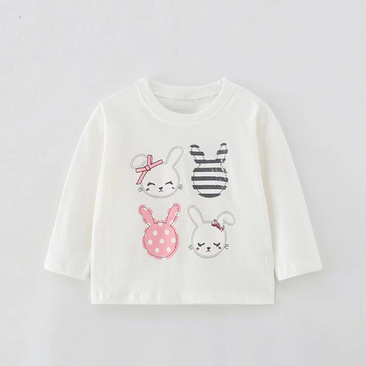 Camisa cómoda de manga larga con cuello redondo y estampado de conejo para bebé niña 