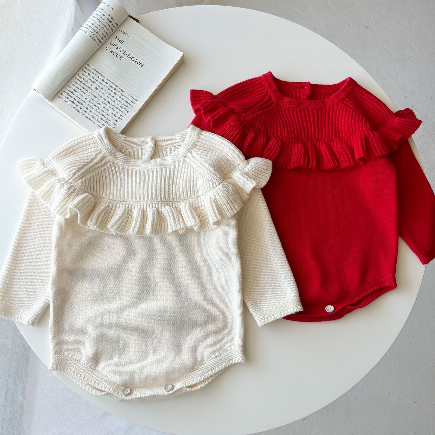 Baby Solid Color Ruffle Design Simple Style Knit Bodysuit My Kids-USA