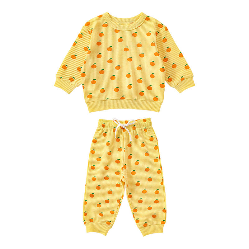 Baby Orange & Bird Print Pattern Waffle Knit Fabric Casual Sets My Kids-USA