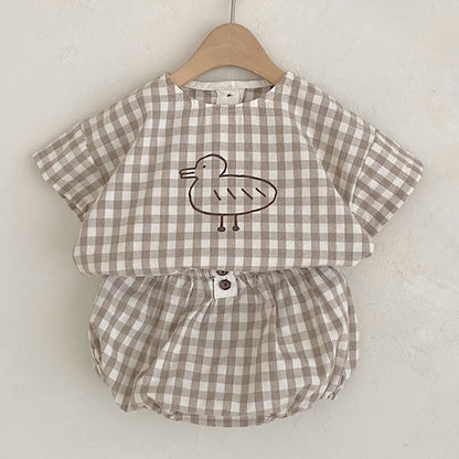 Baby Girl Plaid Polka Dot Pattern Duckling Print Short Sleeved Top Combo Pants Sets My Kids-USA