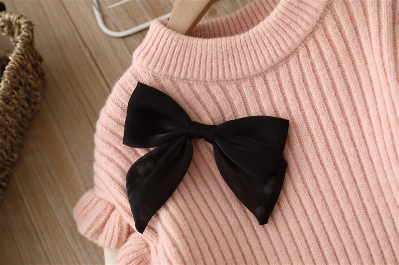 Baby Solid Color Bow Patched Sweater With Pants Sets