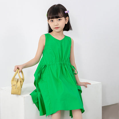 Girls Solid Green Round Neck Loose Casual Dress