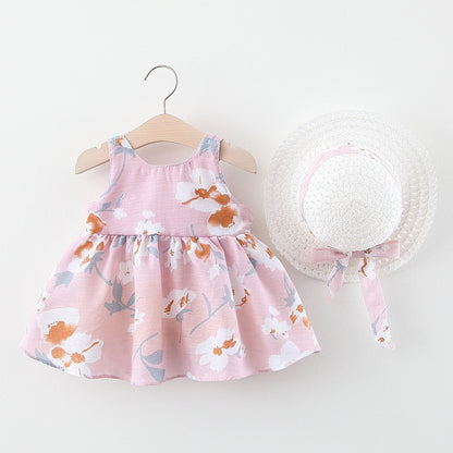 Vestido de cabestrillo con diseño de parche de lazo con estampado de flores de bebé en verano con sombrero 