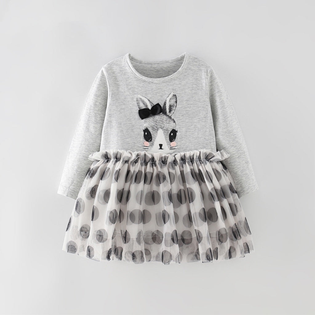 Baby Girl Cartoon Bunny Graphic Dot Printed Mesh Overlay Design Long Sleeves Soft Dress My Kids-USA